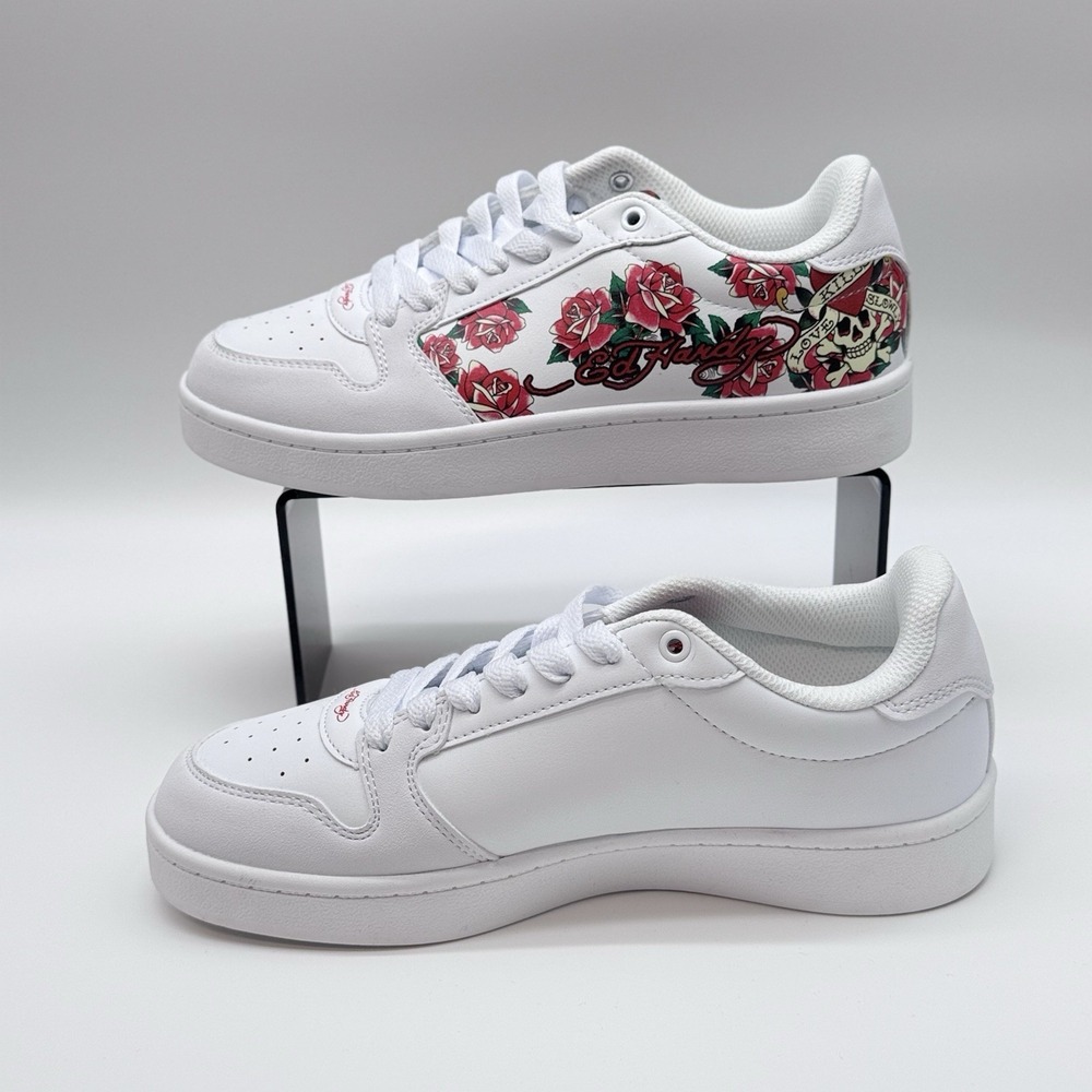 Size 7.5W-Ed Hardy Low Sneakers, Red Rose & Green Vine Graphic Streetwear Biker